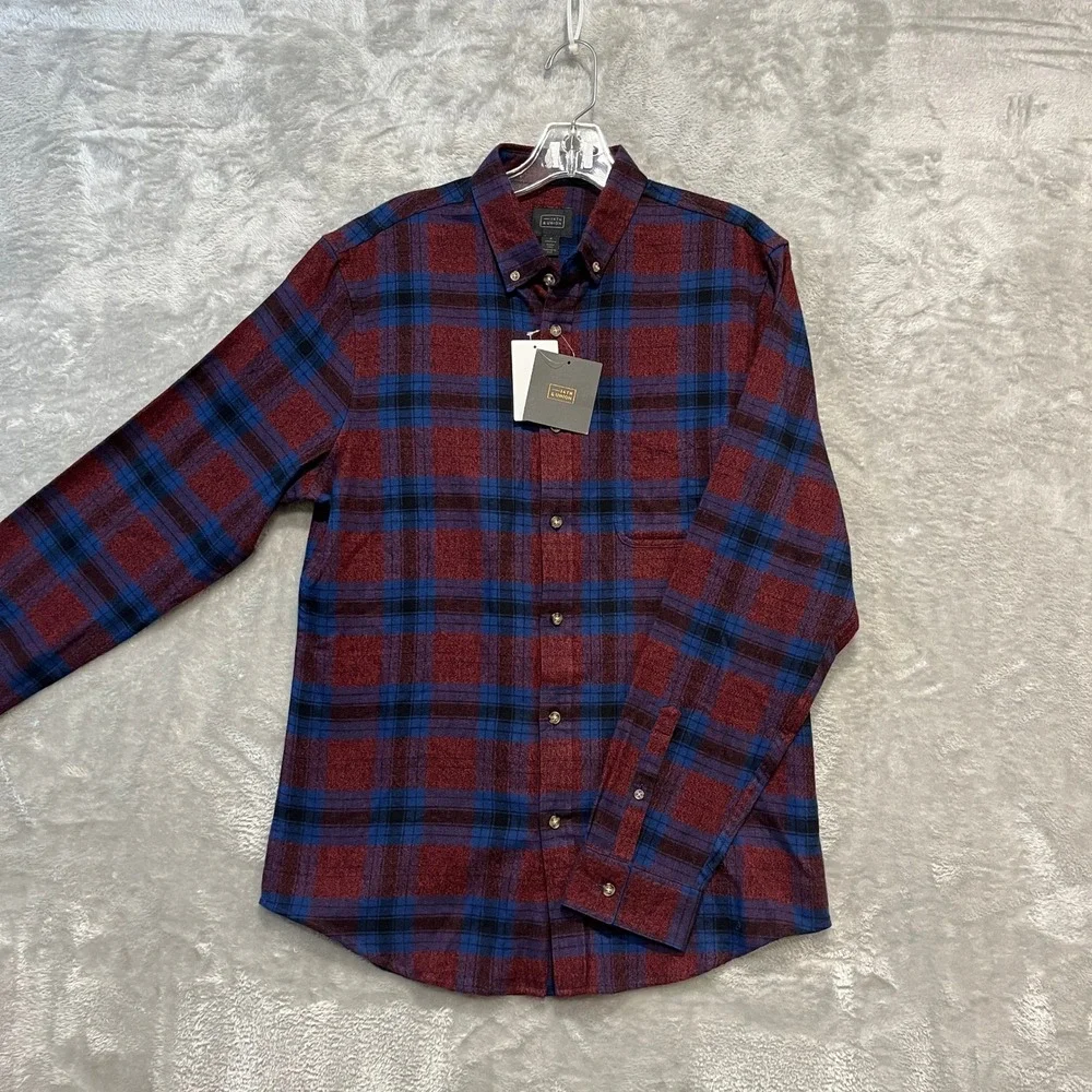 14th & Union Flannel Shirt Mens M Burgundy Blue Plaid Button Down‎ Cotton New